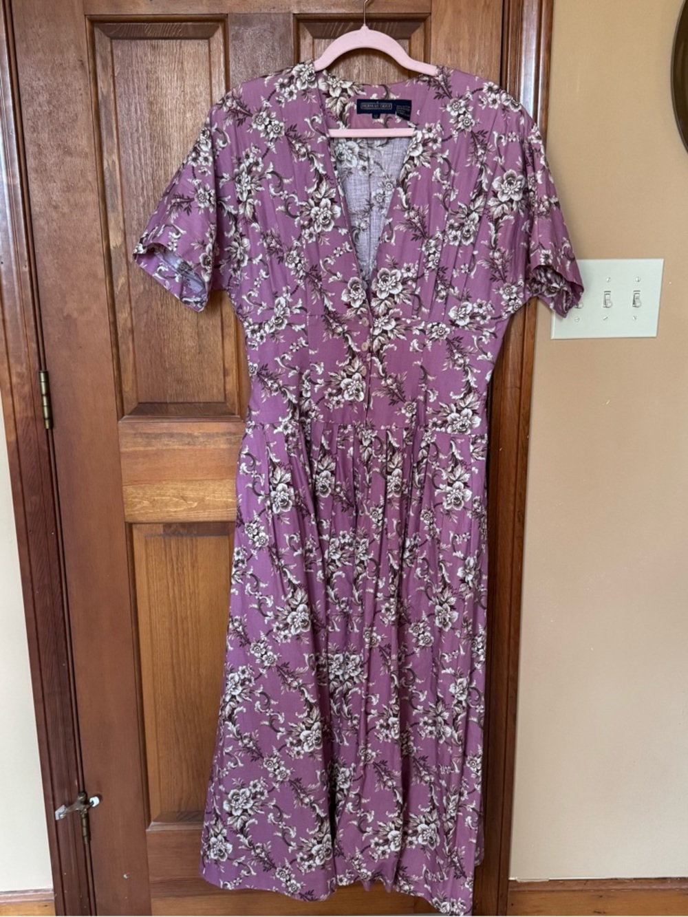 Vintage mauve floral print maxi dress pockets size 12